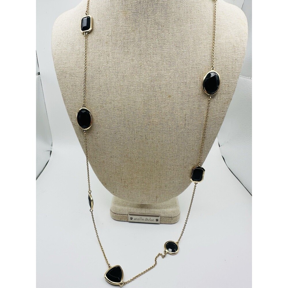 Kate Spade Bezel Set Black Crystal Station Necklace Gold Tone 32”